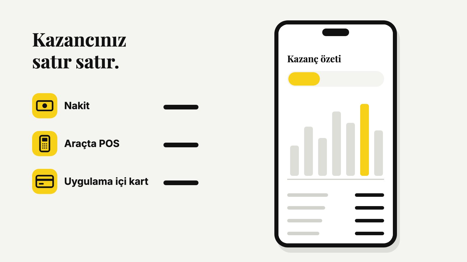 Kazanç ekranı: nakit, araçta POS ve uygulama içi kart ayrı ayrı